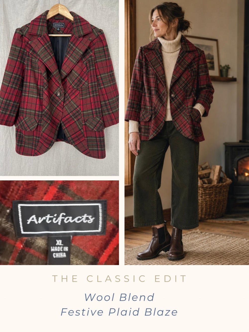 Cozy Red Green Plaid Wool-Blend Blazer | Fall | Winter | Oversized | Layering
